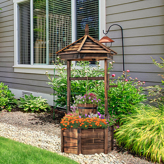 Rustic Wooden Wishing Well, Adjustable Hanging Bucket, Brown Outdoor Decor Brown at Gallery Canada