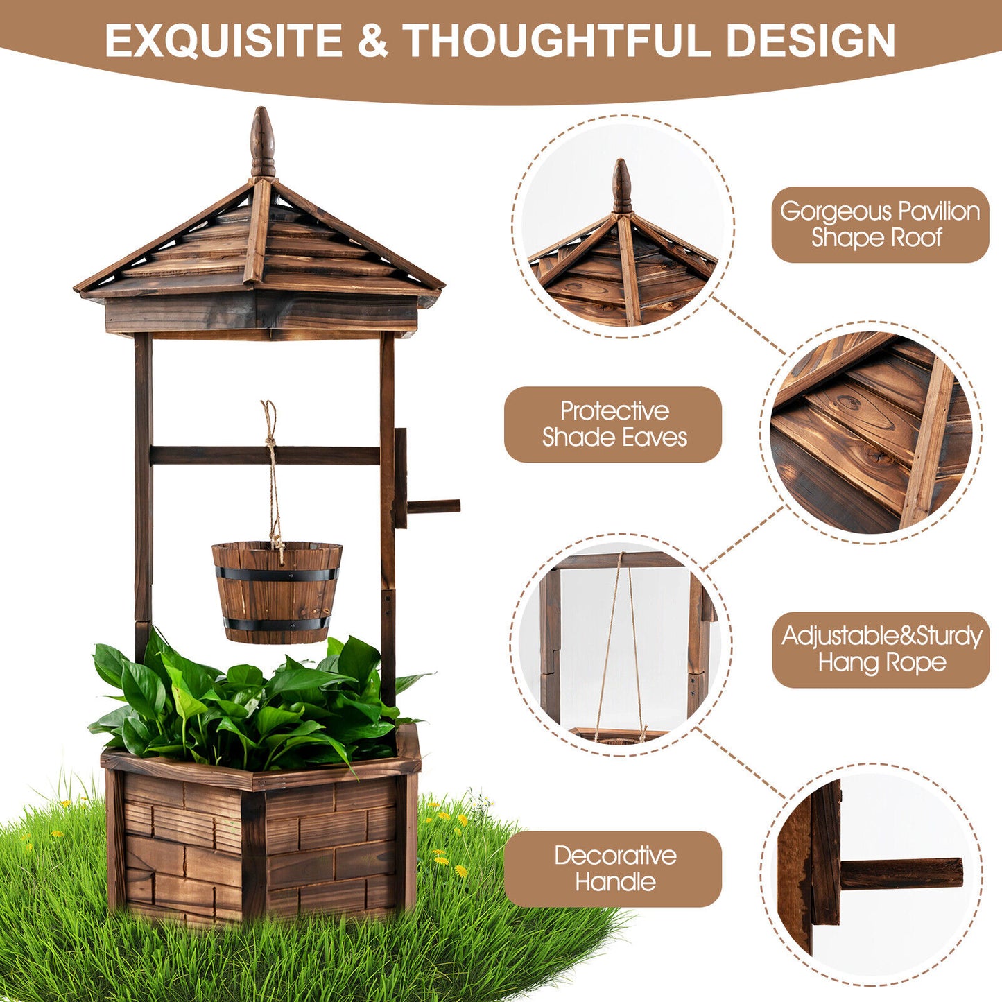 Rustic Wooden Wishing Well, Adjustable Hanging Bucket, Brown Outdoor Decor at Gallery Canada