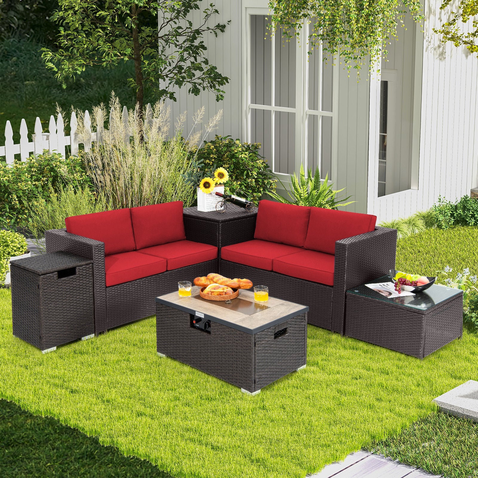 6 Pieces Outdoor Wicker Furniture Set with 32 Inch Propane Fire Pit Table, Red at Gallery Canada
