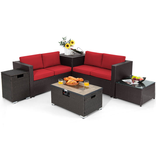 6 Pieces Outdoor Wicker Furniture Set with 32 Inch Propane Fire Pit Table, Red