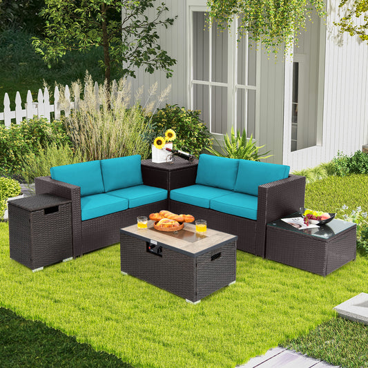 6 Piece Outdoor Wicker Furniture Set, 32 Inch Propane Fire Pit Table, Turquoise Patio Conversation Sets Turquoise at Gallery Canada