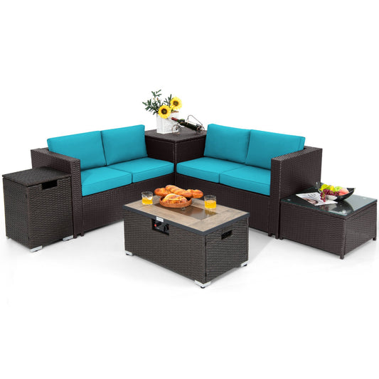 6 Pieces Outdoor Wicker Furniture Set with 32 Inch Propane Fire Pit Table, Turquoise