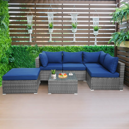 6 Pieces Outdoor Rattan Sofa Set with Seat and Back Cushions, Navy