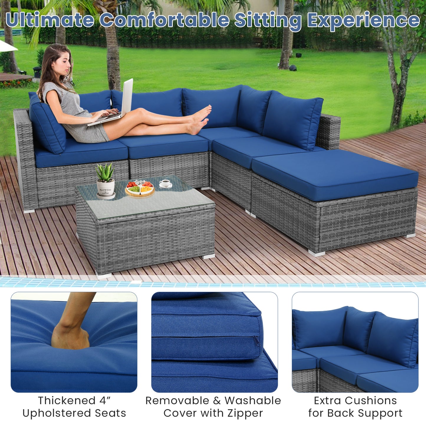 6 Pieces Outdoor Rattan Sofa Set with Seat and Back Cushions, Navy Outdoor Sectionals at Gallery Canada