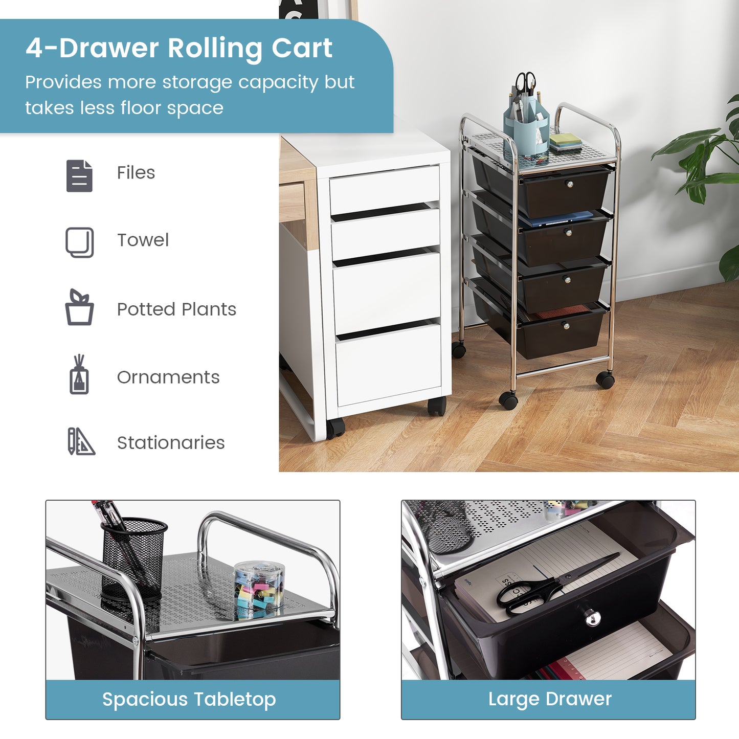 4-Drawer Cart Storage Bin Organizer Rolling with Plastic Drawers, Black File Cabinets at Gallery Canada