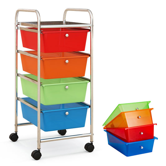 4-Drawer Cart Storage Bin Organizer Rolling with Plastic Drawers, Sheer Rainbow