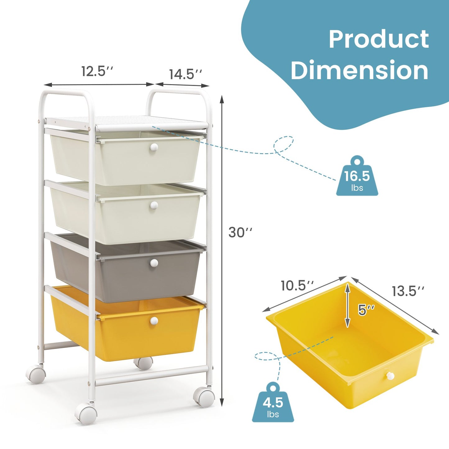 4-Drawer Cart Storage Bin Organizer Rolling with Plastic Drawers, Yellow at Gallery Canada