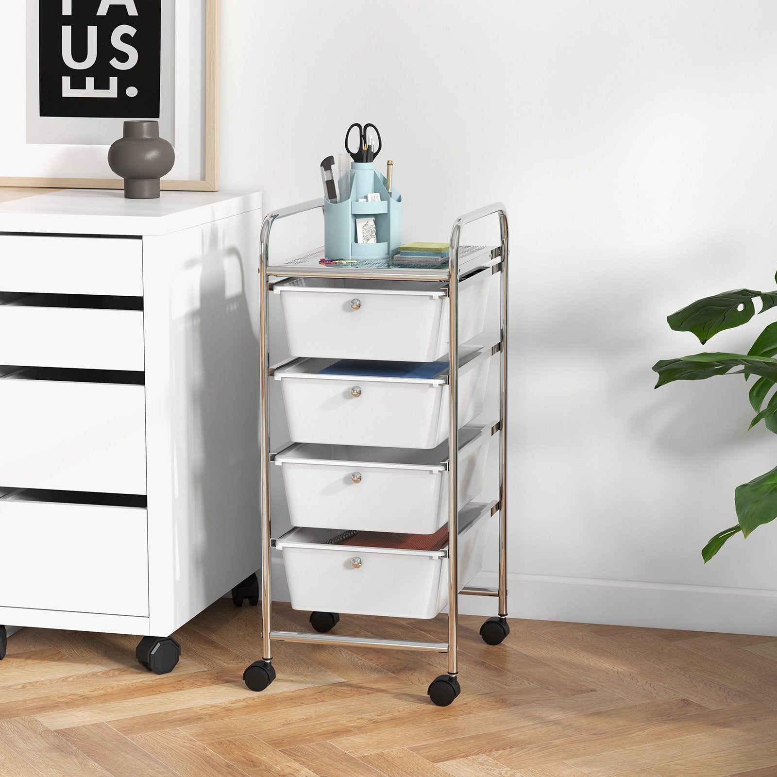 4-Drawer Cart Storage Bin Organizer Rolling with Plastic Drawers, White at Gallery Canada