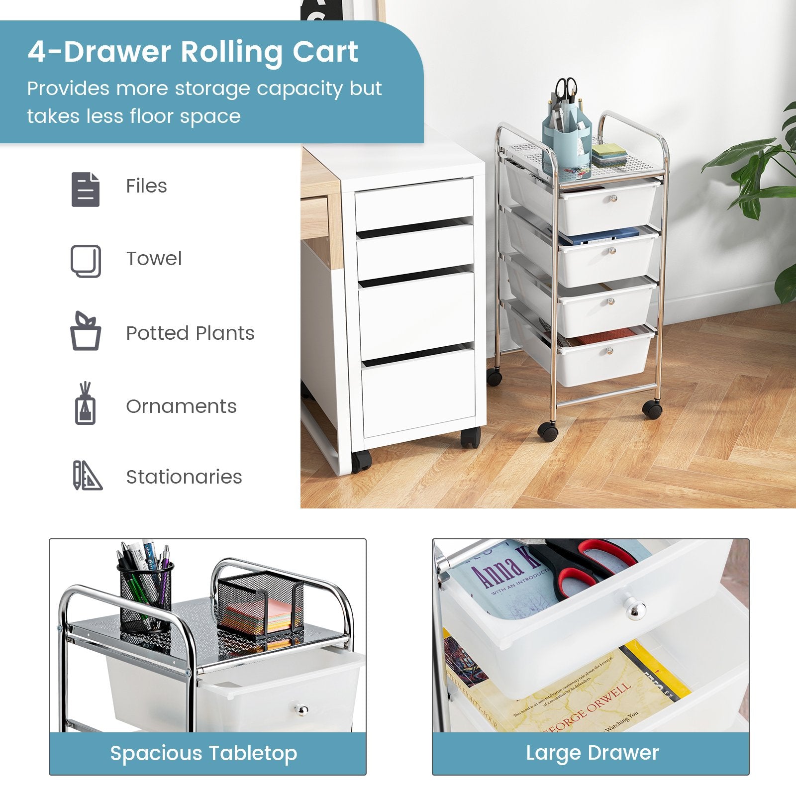 4-Drawer Cart Storage Bin Organizer Rolling with Plastic Drawers, White at Gallery Canada