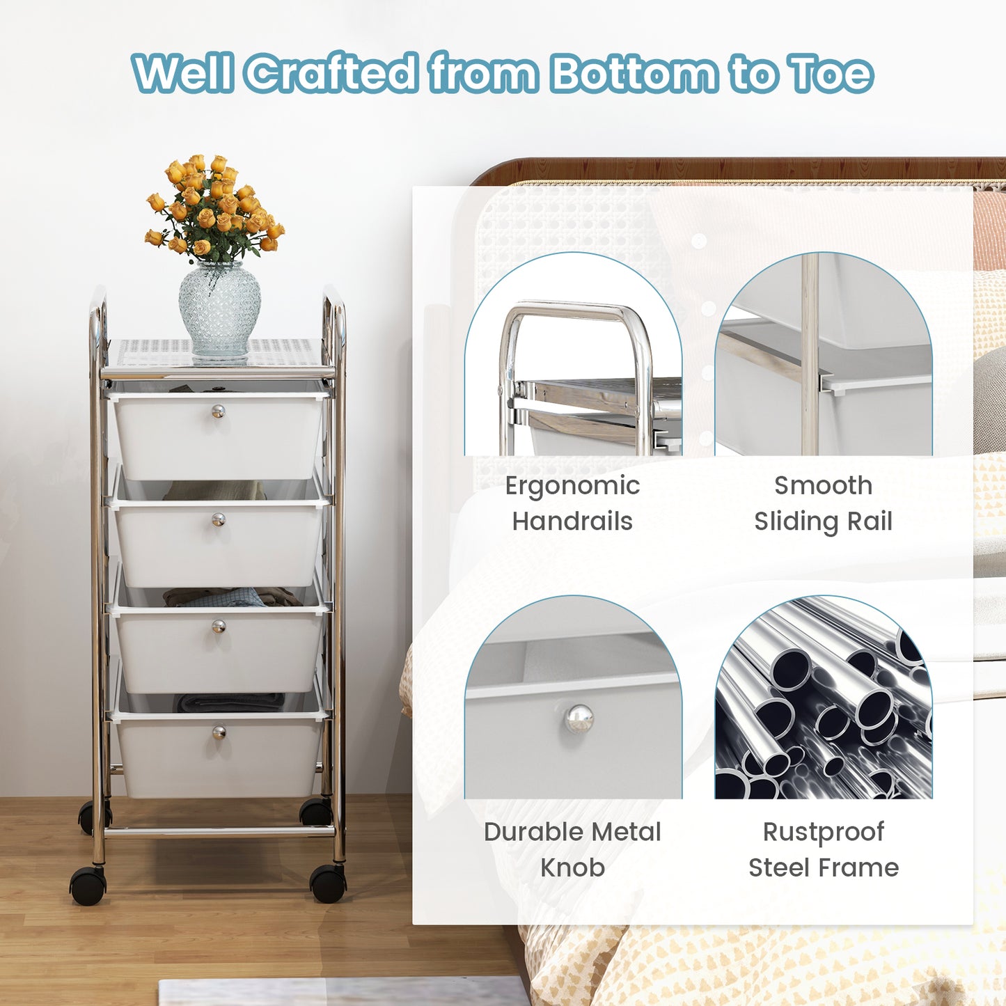 4-Drawer Rolling Cart Organizer, White File Cabinets at Gallery Canada
