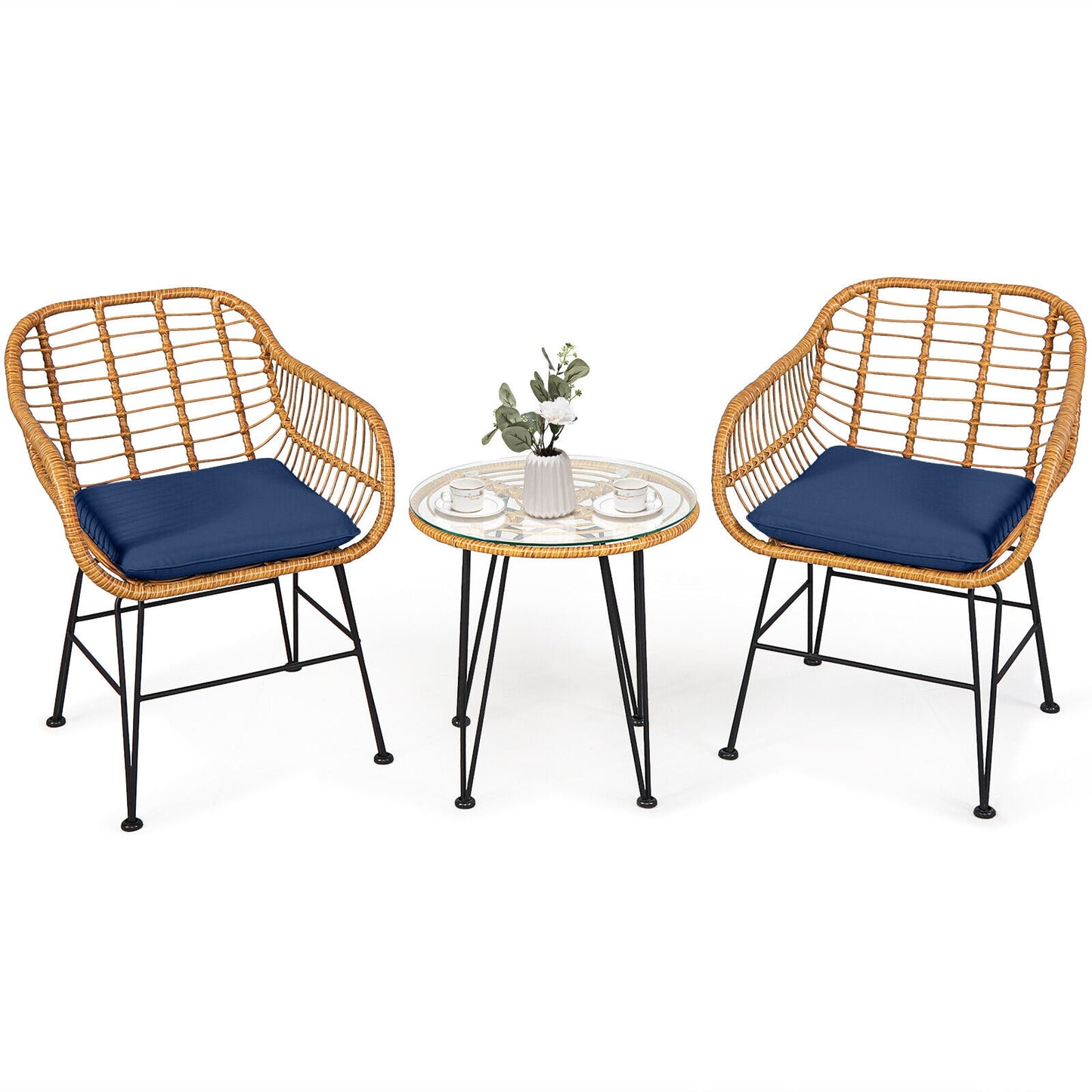 3 Pieces Rattan Furniture Set with Cushioned Chair Table, Navy Patio Conversation Sets at Gallery Canada