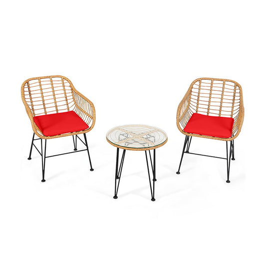 3 Pieces Rattan Furniture Set with Cushioned Chair Table, Red