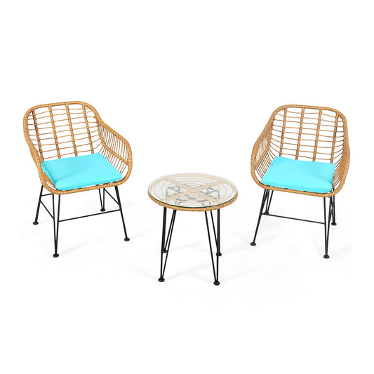 3 Pieces Rattan Furniture Set with Cushioned Chair Table, Turquoise at Gallery Canada