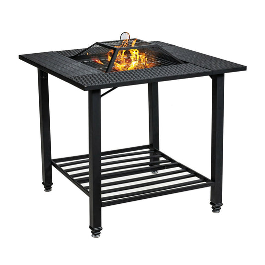 31 Inch Outdoor Fire Pit Dining Table with Cooking BBQ Grate, Black