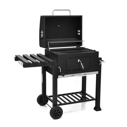 Outdoor Portable Charcoal Grill with Side Table, Black