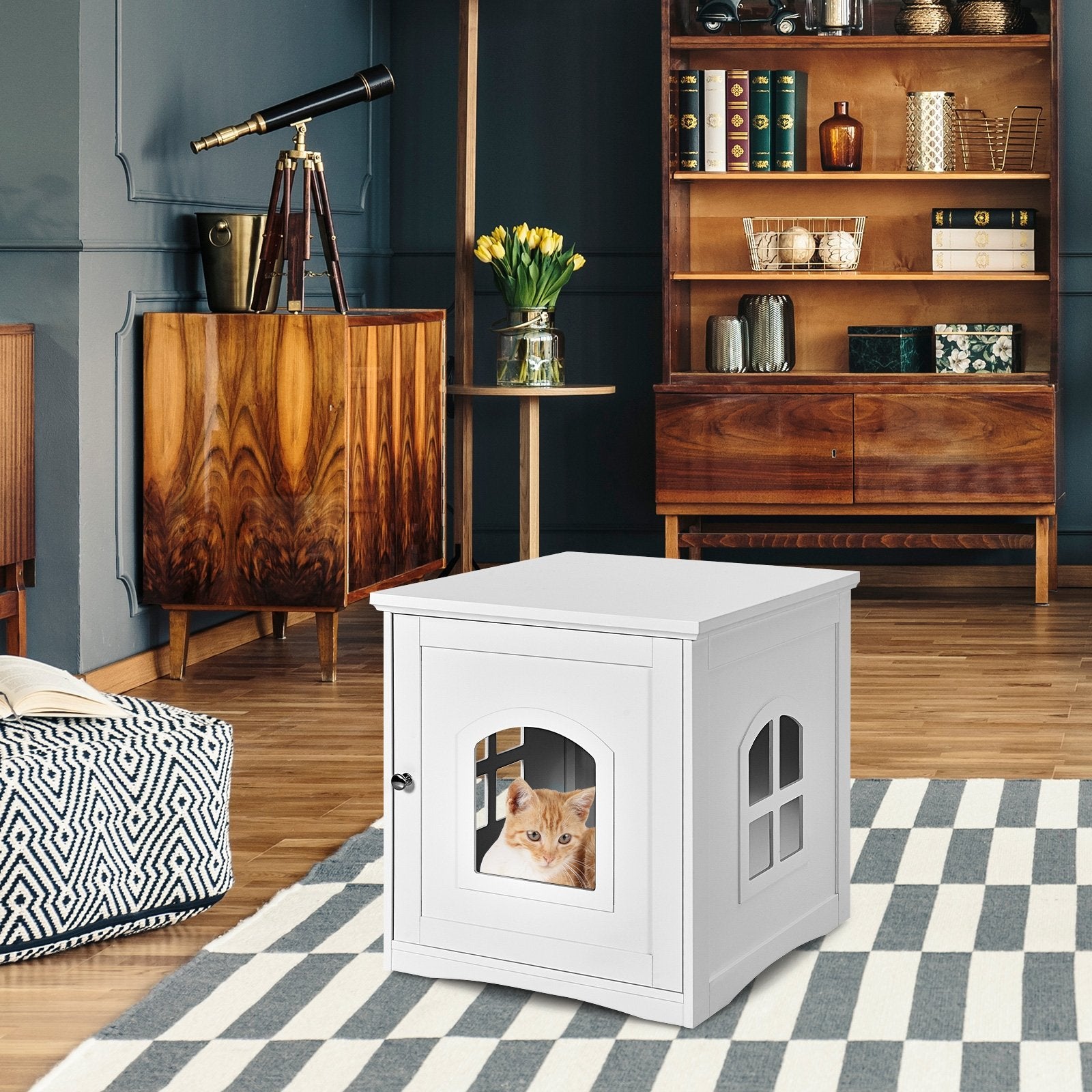 Side Table Nightstand Decorative Cat House, White at Gallery Canada
