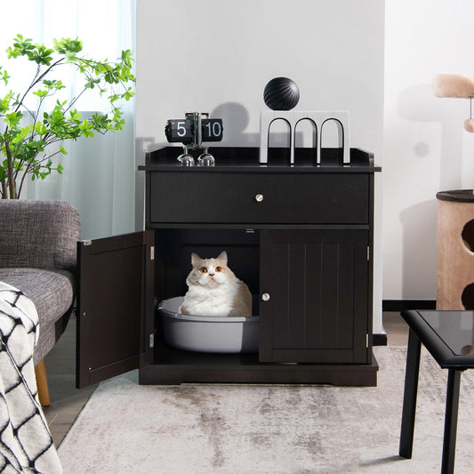 Wooden Cat Litter Box Enclosure with Drawer Side Table Furniture, Brown Cat Houses Brown at Gallery Canada