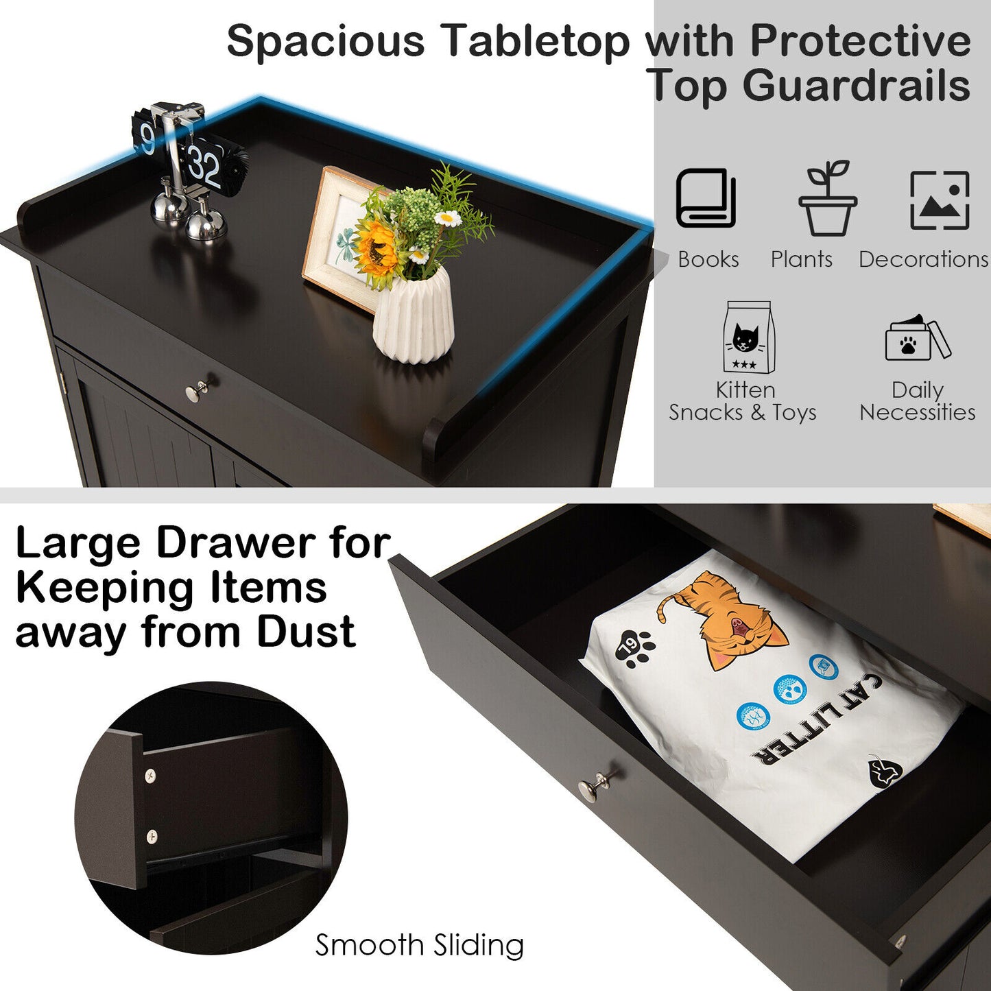 Wooden Cat Litter Box Enclosure with Drawer Side Table Furniture, Brown Cat Houses at Gallery Canada