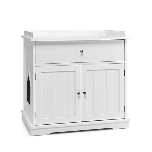 Wooden Cat Litter Box Enclosure with Drawer Side Table Furniture, White