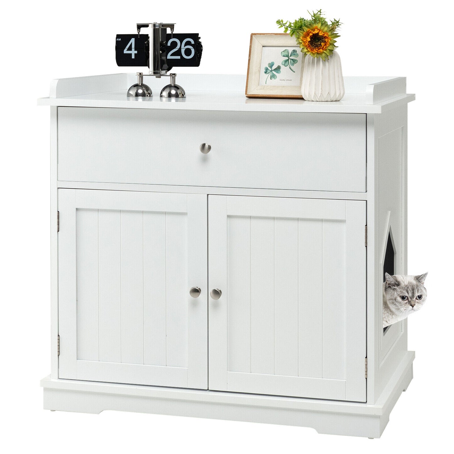 Wooden Cat Litter Box Enclosure with Drawer Side Table Furniture, White Cat Houses at Gallery Canada