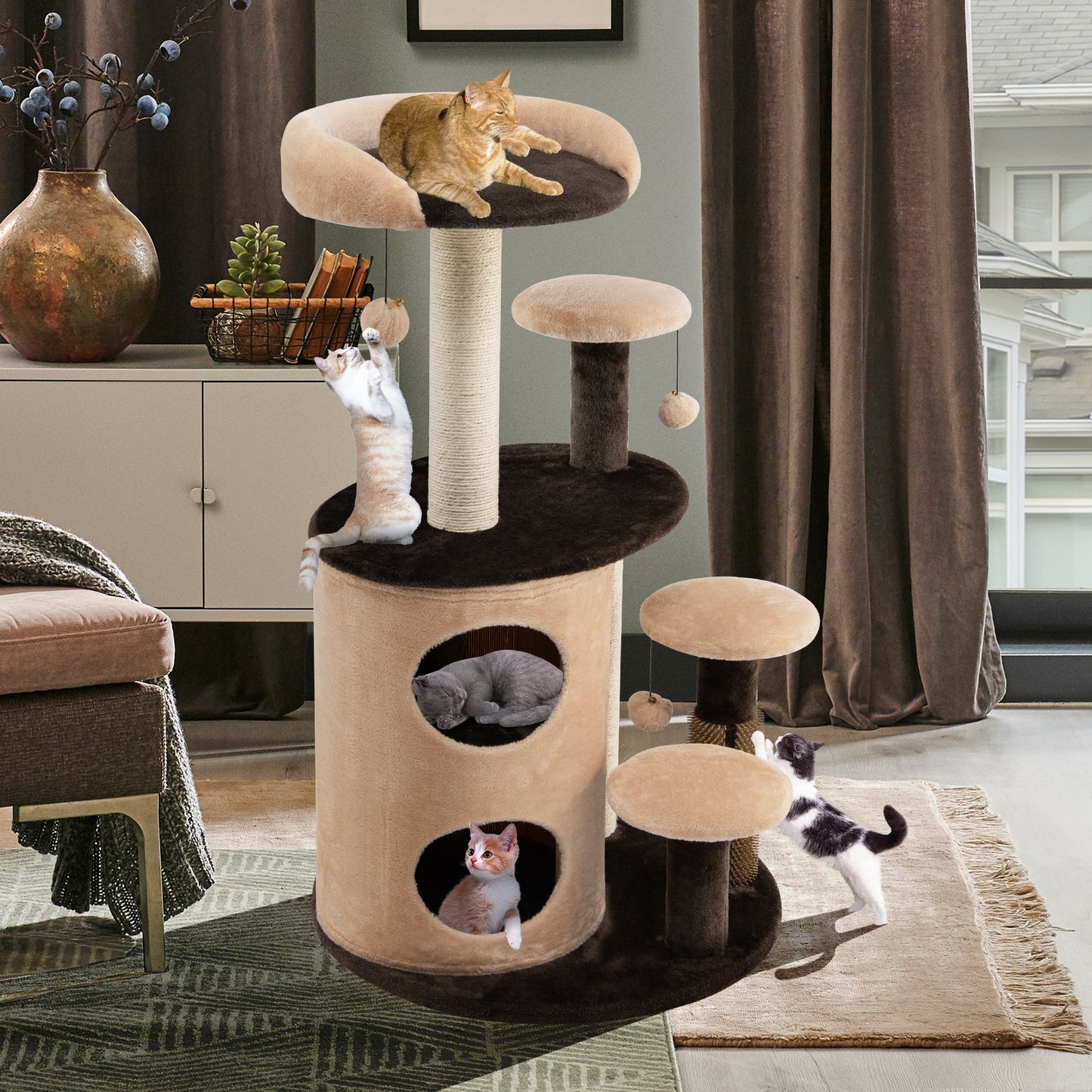 40 Inch Cat Tree Tower Multi-Level Activity Tree with 2-Tier Cat-Hole Condo, Brown