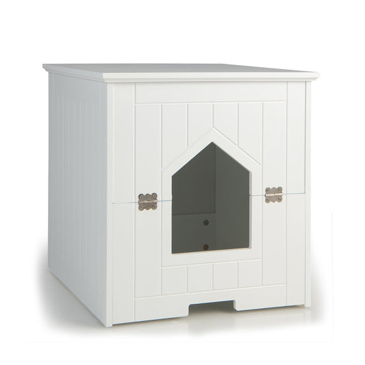 Cat Litter Box Enclosure with Flip Magnetic Half Door, White