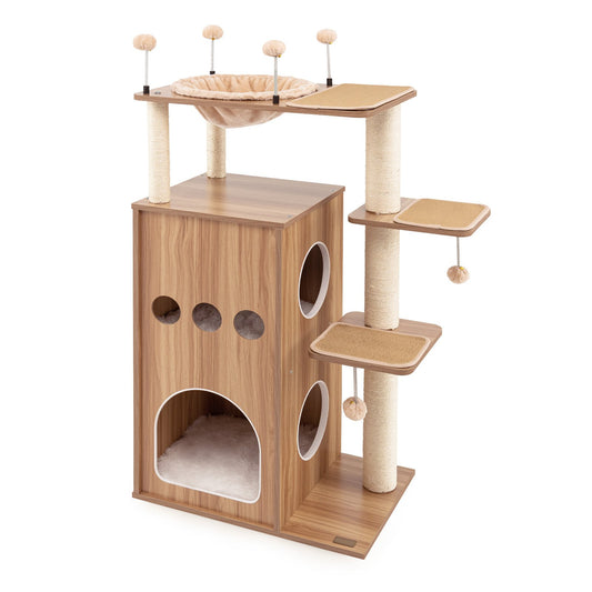 52 Inch Modern Multi-level Cat Play Center with Deluxe Hammock, Natural