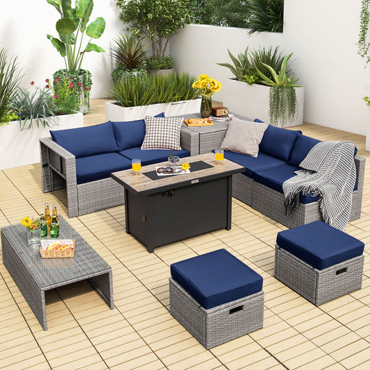 9 Piece Patio Furniture Set, 42 Inch 60000 BTU Fire Pit, Navy