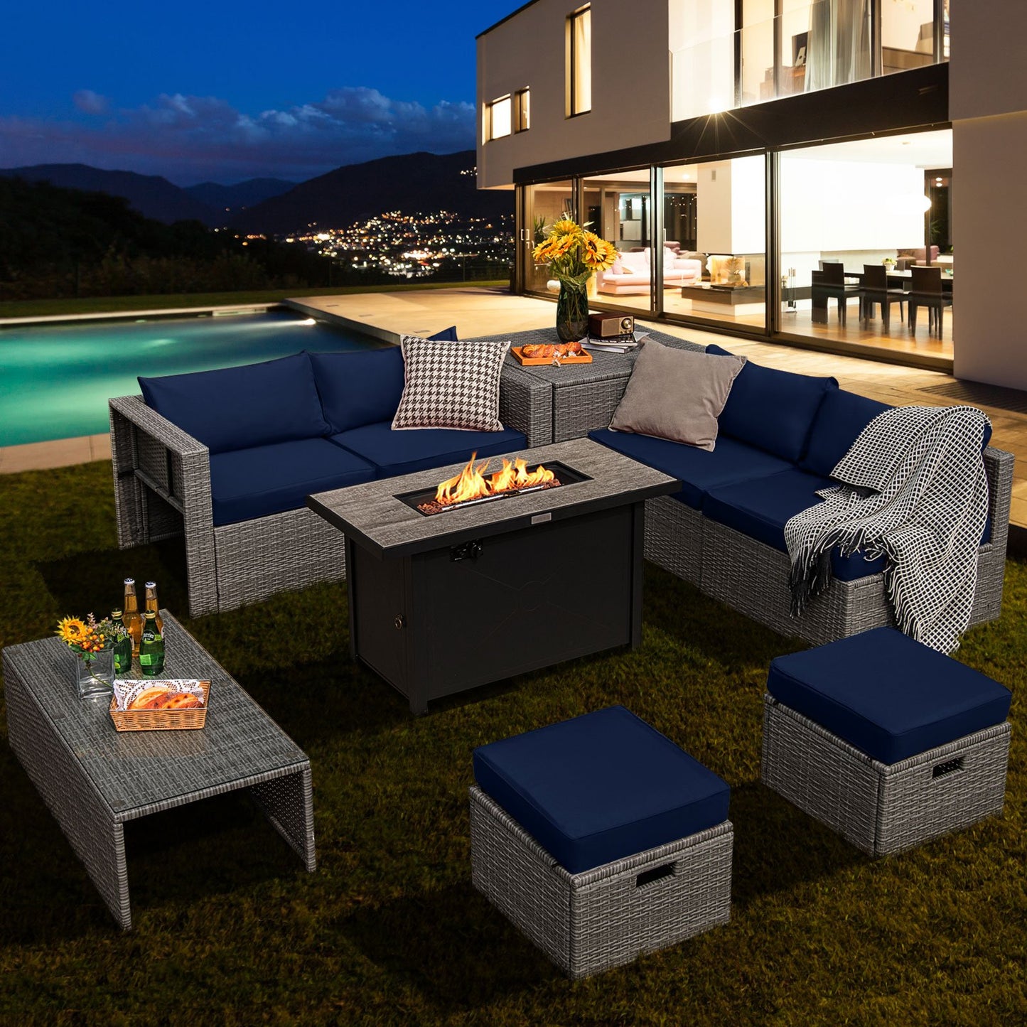 9 Pieces Patio Furniture Set with 42 Inches 60000 BTU Fire Pit, Navy