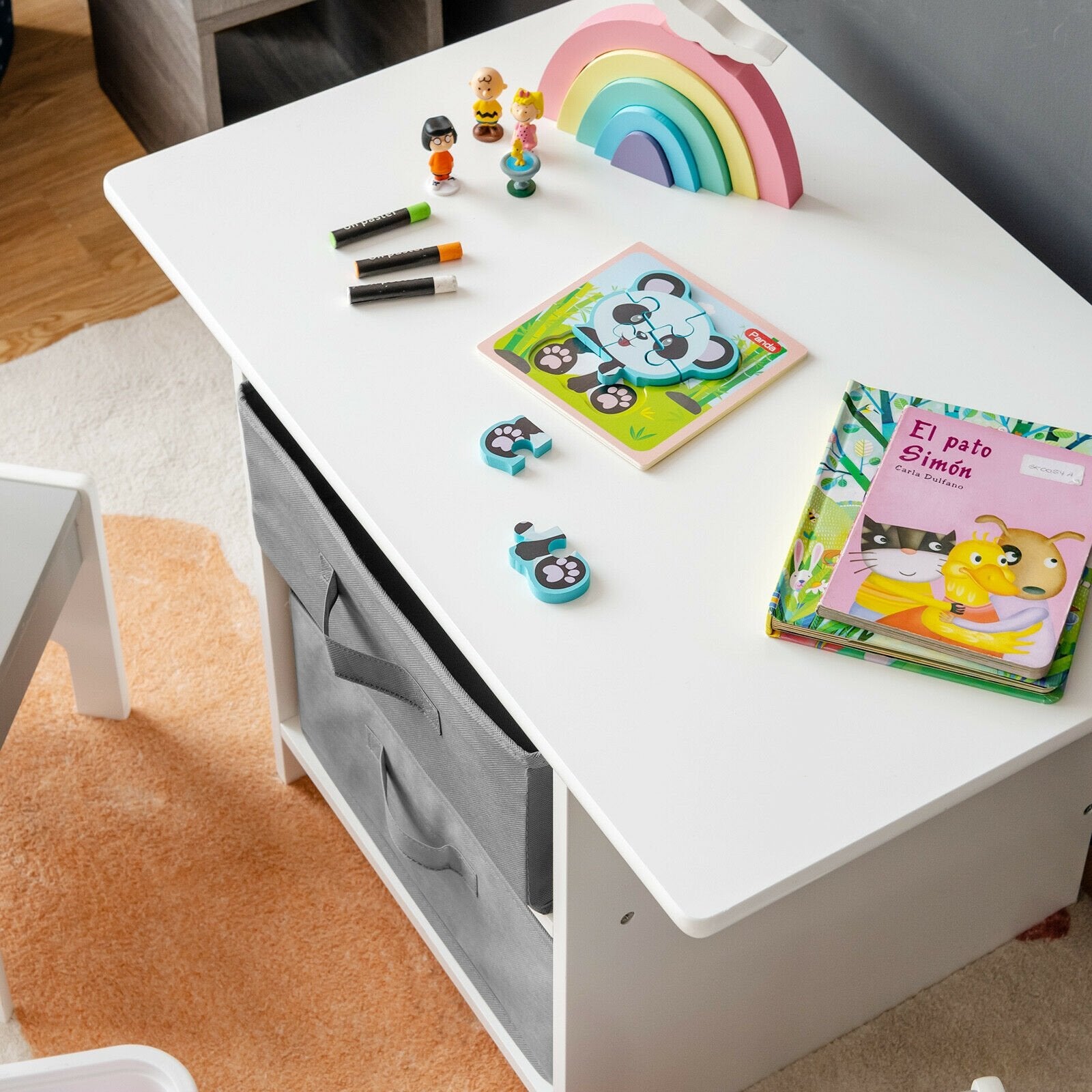 Wooden Kids Table and Chairs with Storage Baskets Puzzle, Gray & White at Gallery Canada
