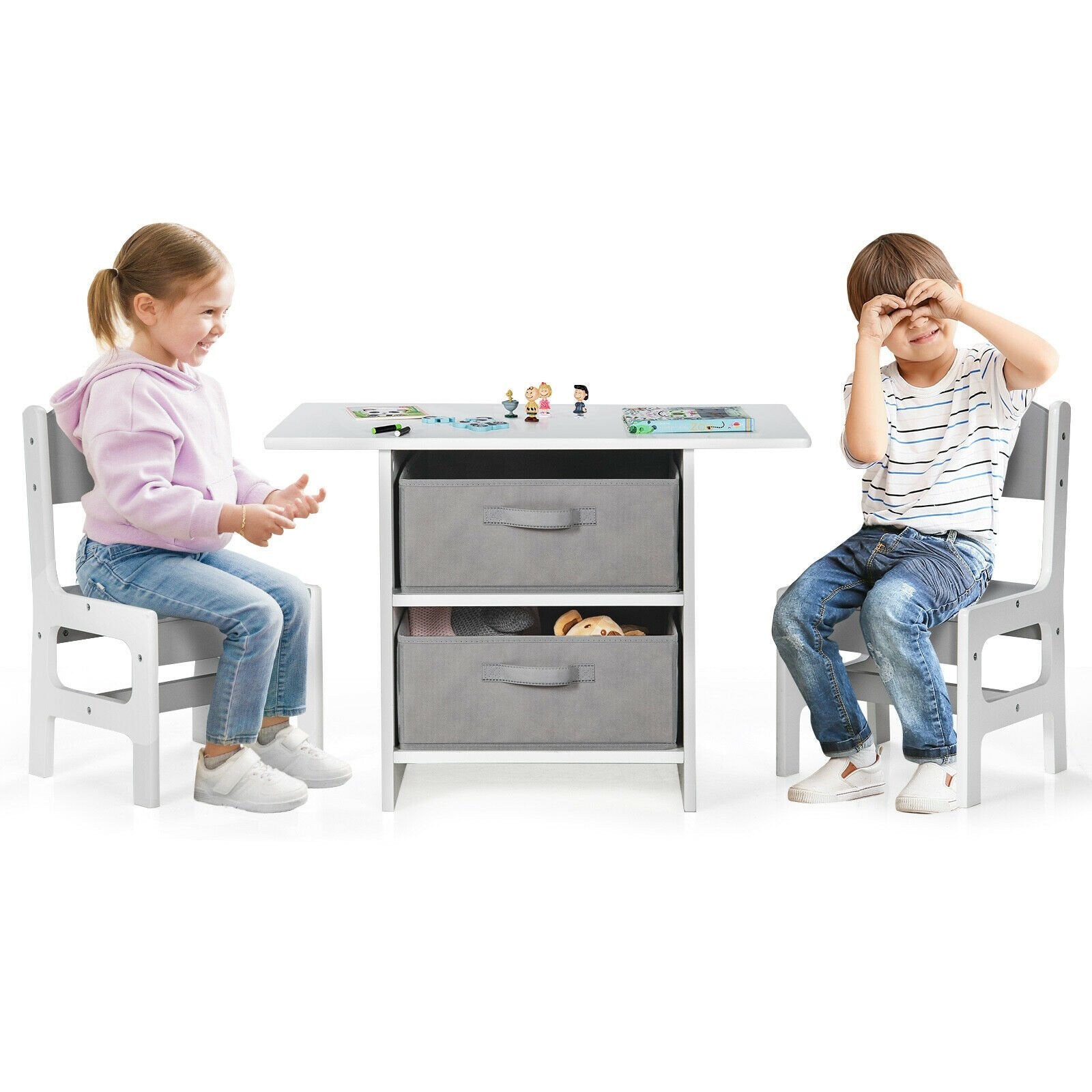 Wooden Kids Table and Chairs with Storage Baskets Puzzle, Gray & White at Gallery Canada