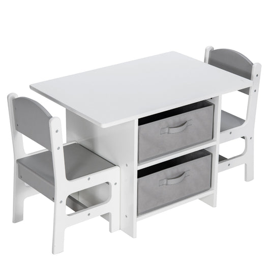 Wooden Kids Table and Chairs with Storage Baskets Puzzle, Gray & White