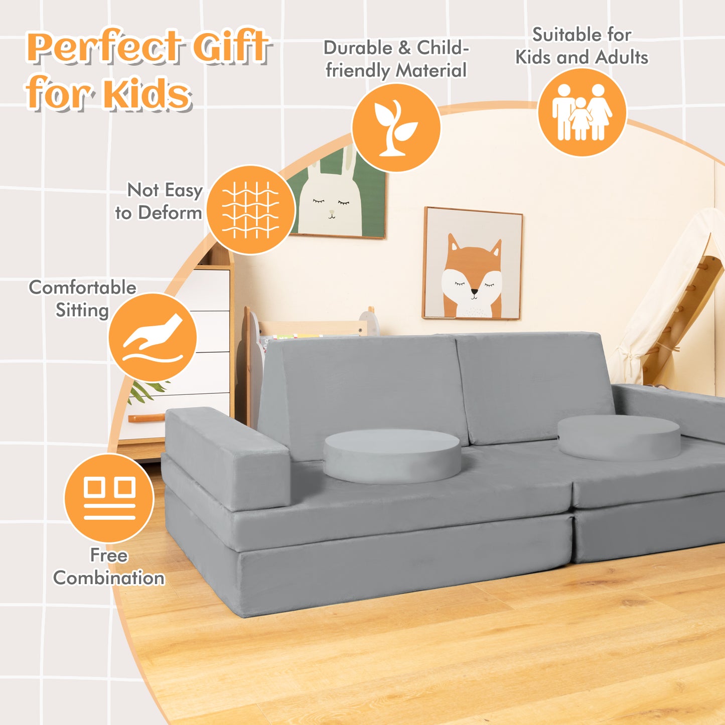 Kids Play Couch Sofa, 8-Piece, Portable Handle, Gray Kids Chairs & Seating at Gallery Canada