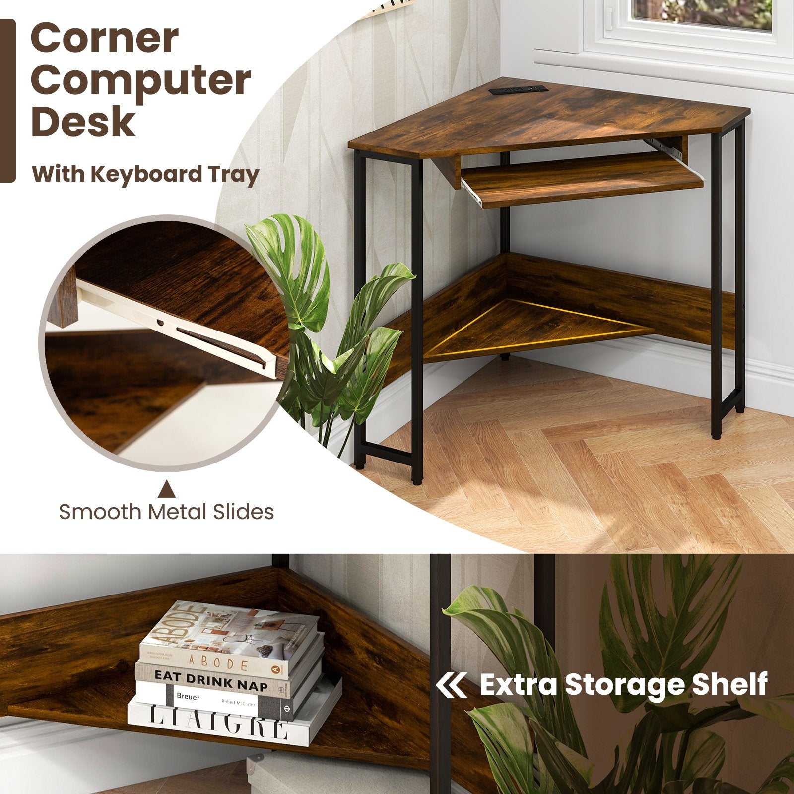 Triangle Corner Desk with Charging Station Keyboard Tray and Storage Shelf, Rustic Brown at Gallery Canada