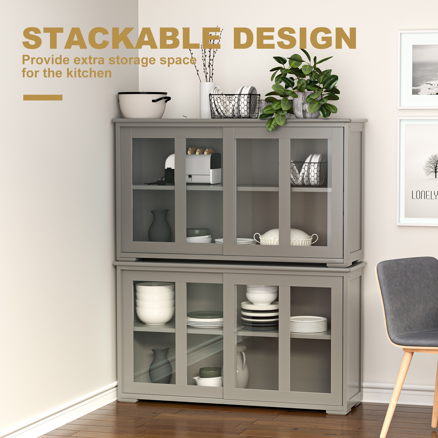 Sideboard Buffet Cabinet, Sliding Door, Gray
