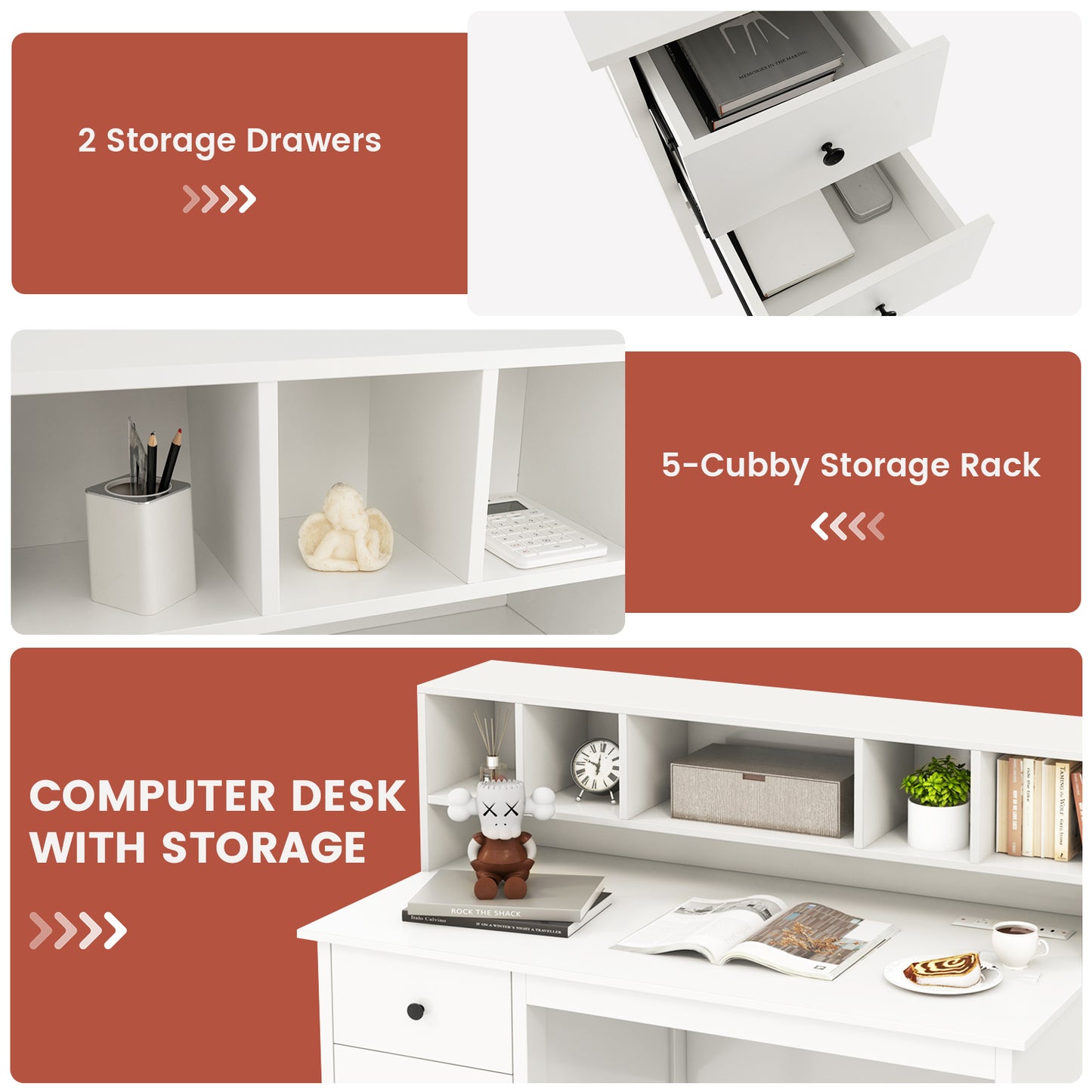 48 Inch Computer Desk With Drawers, Power Outlets, 5-Cubby Hutch, White