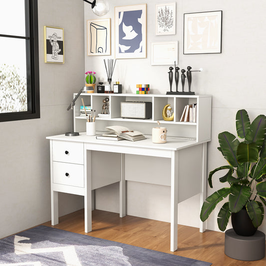 48 Inch Computer Desk With Drawers, Power Outlets, 5-Cubby Hutch, White Computer Desks White at Gallery Canada