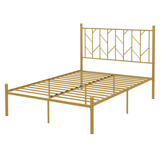 Twin/Full Size Metal Platform Bed Frame with Vintage Headboard-Full Size, Golden
