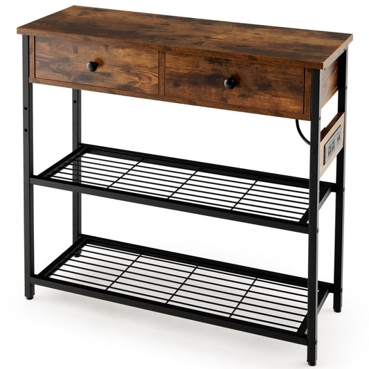 Narrow Console Table with 2 Drawers and 2 Metal Mesh Shelves, Rustic Brown
