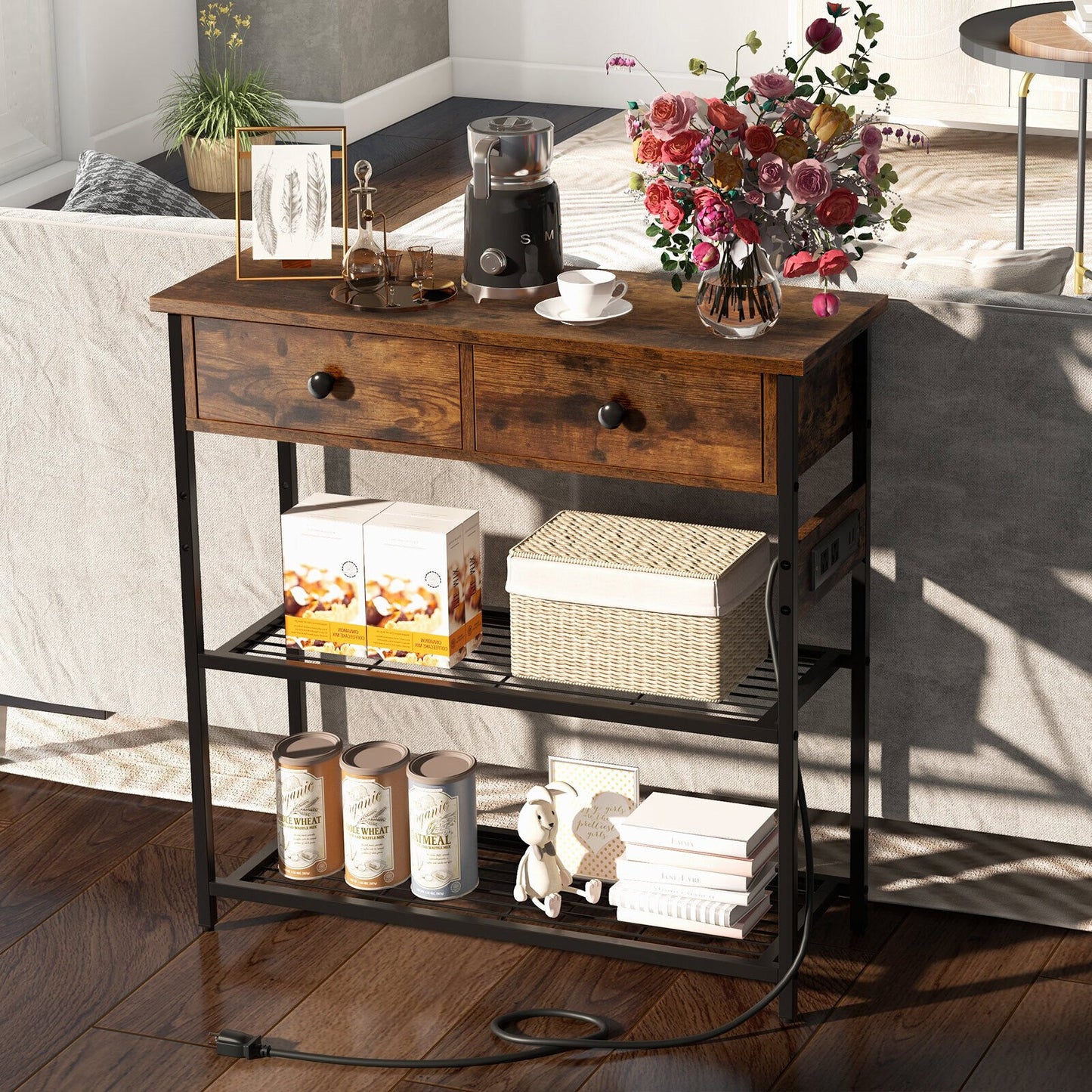 Narrow Console Table with 2 Drawers and 2 Metal Mesh Shelves, Rustic Brown