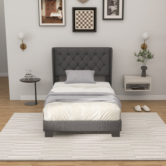 Twin Size Upholstered Platform Bed, Button Tufted Headboard, Gray