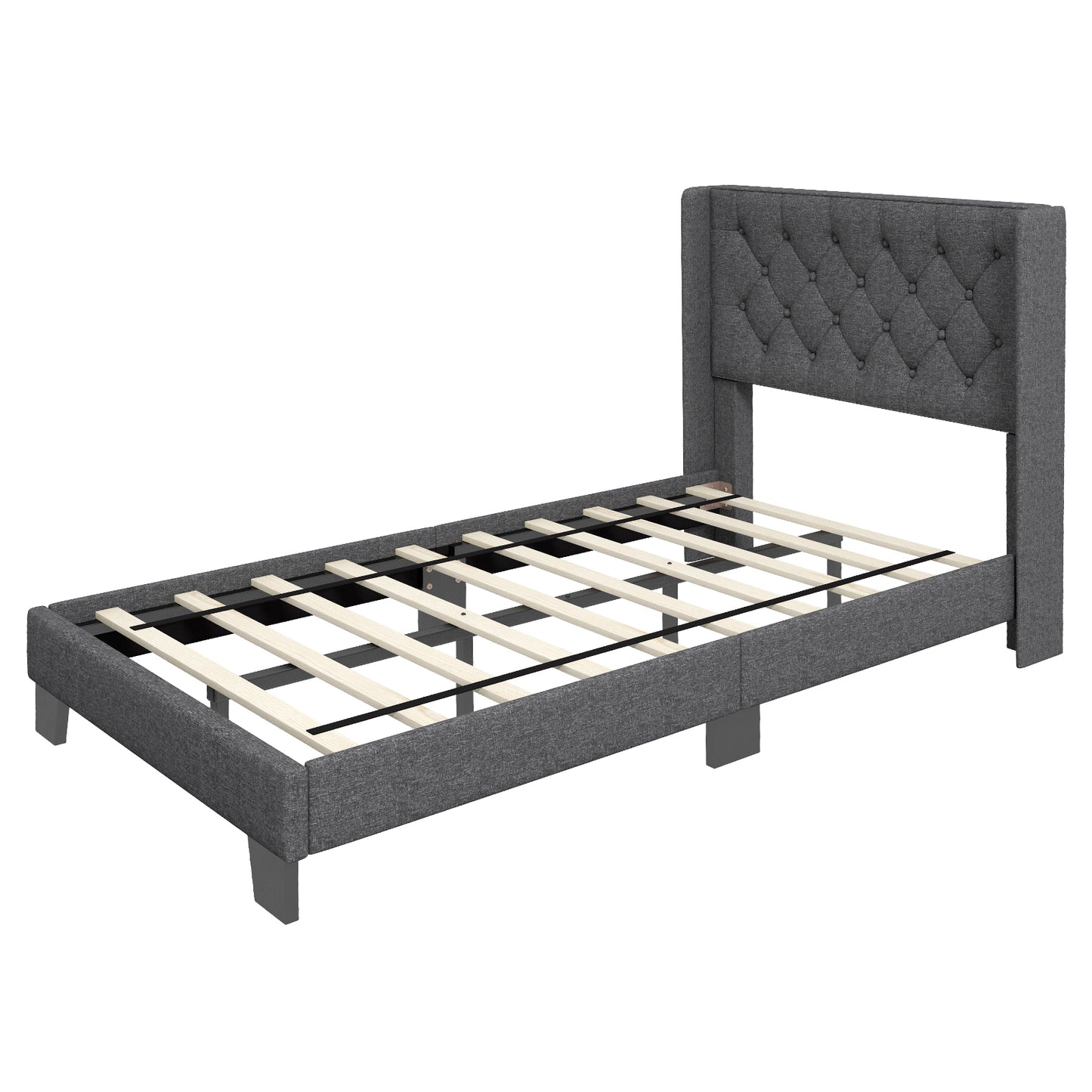 Twin Size Upholstered Platform Bed, Button Tufted Headboard, Gray Simple Bed Frame at Gallery Canada