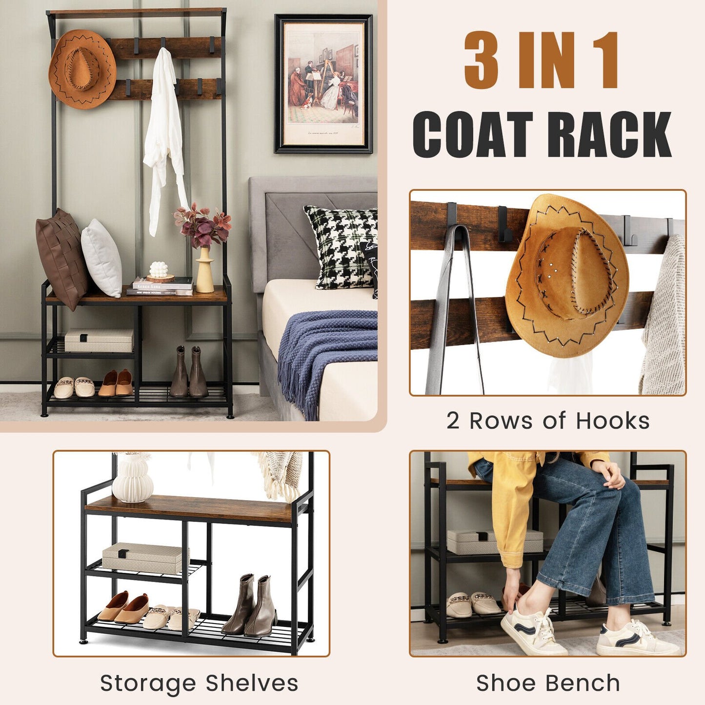 3-In-1 Industrial Coat Rack Stand with 9 Hooks Shoe Bench, Brown