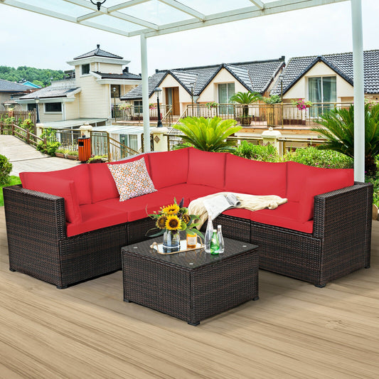 6 Piece Patio Rattan Furniture Set, Sectional Cushioned Sofa, Red Outdoor Sectionals Red at Gallery Canada