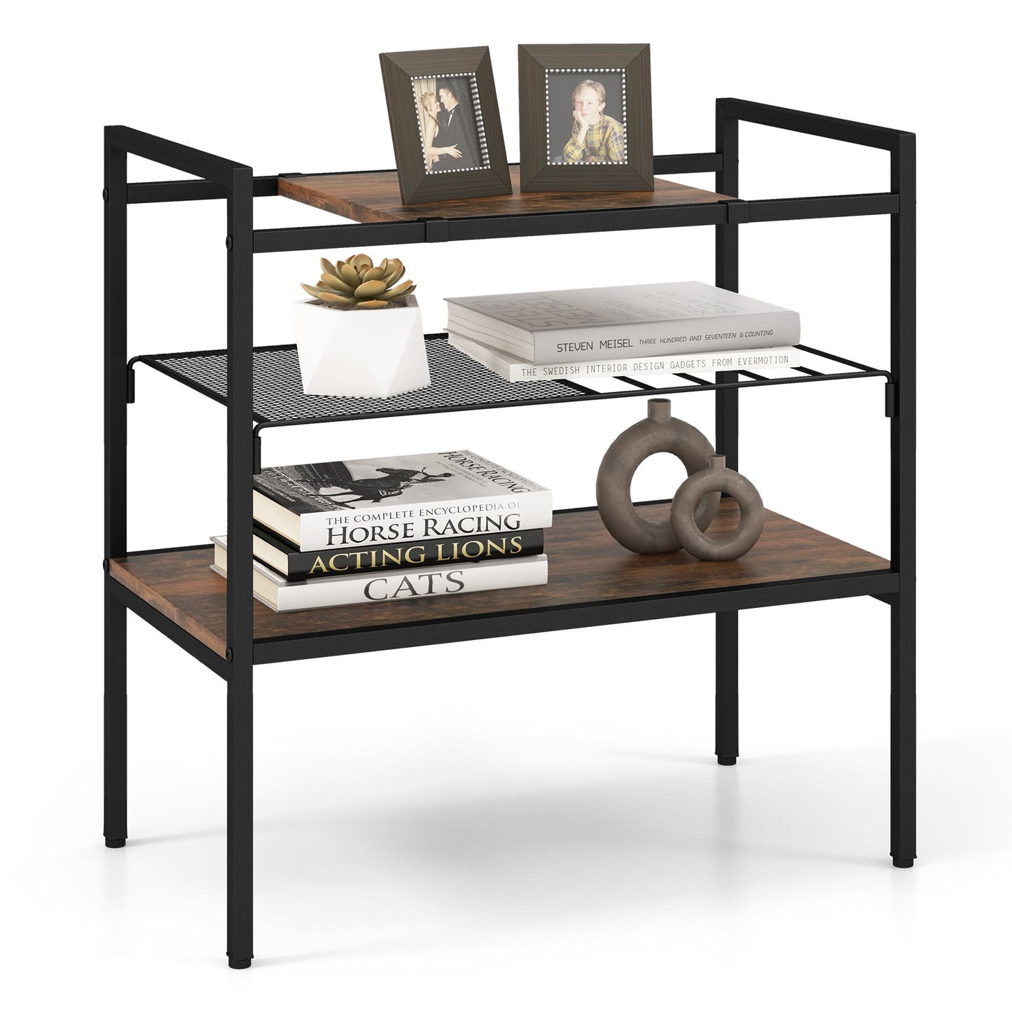 Industrial Entryway Table with Removable Panel and Mesh Shelf, Rustic Brown