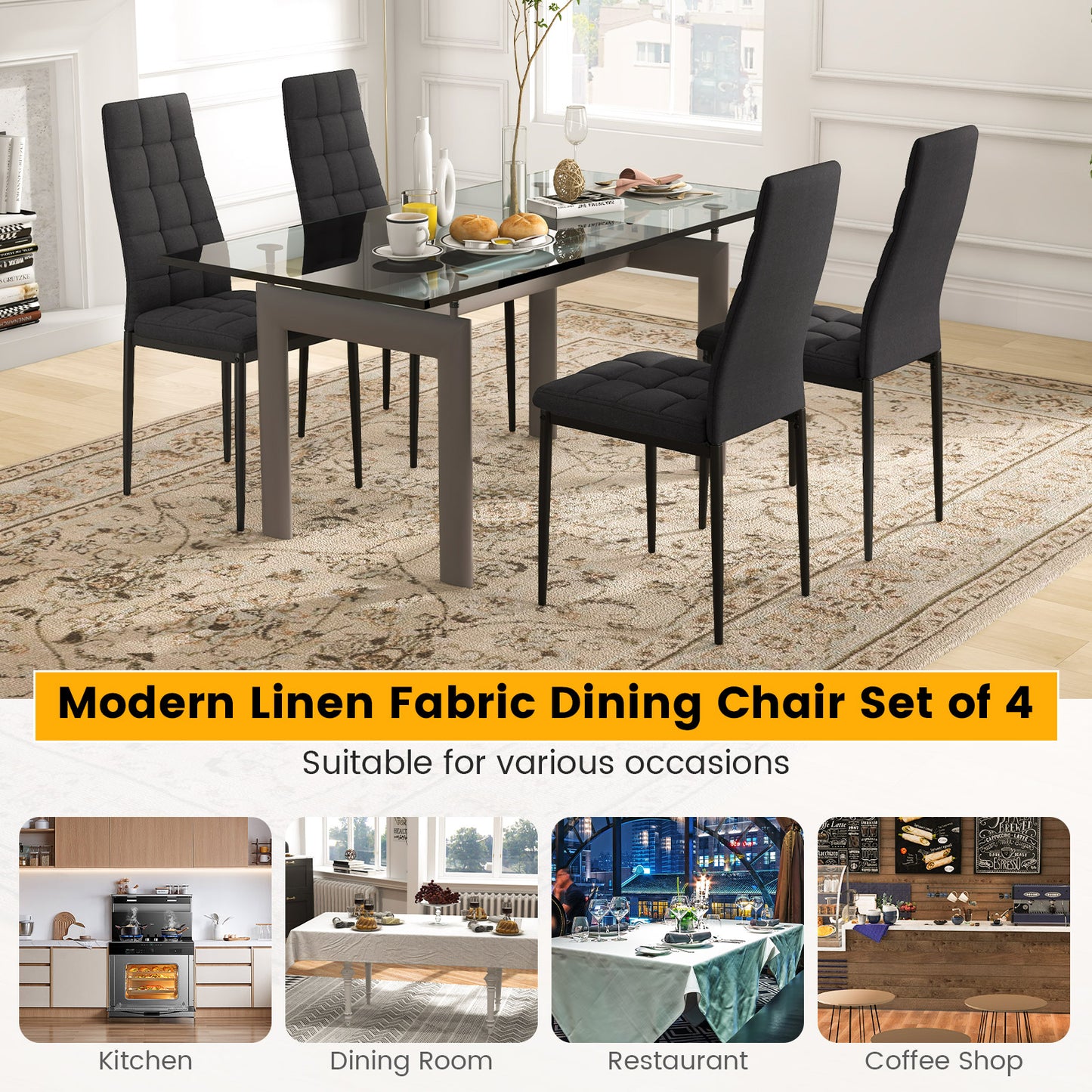 Set of 4 Fabric Dining Chairs, Upholstered Cushion, High Back, Black Dining Chairs at Gallery Canada