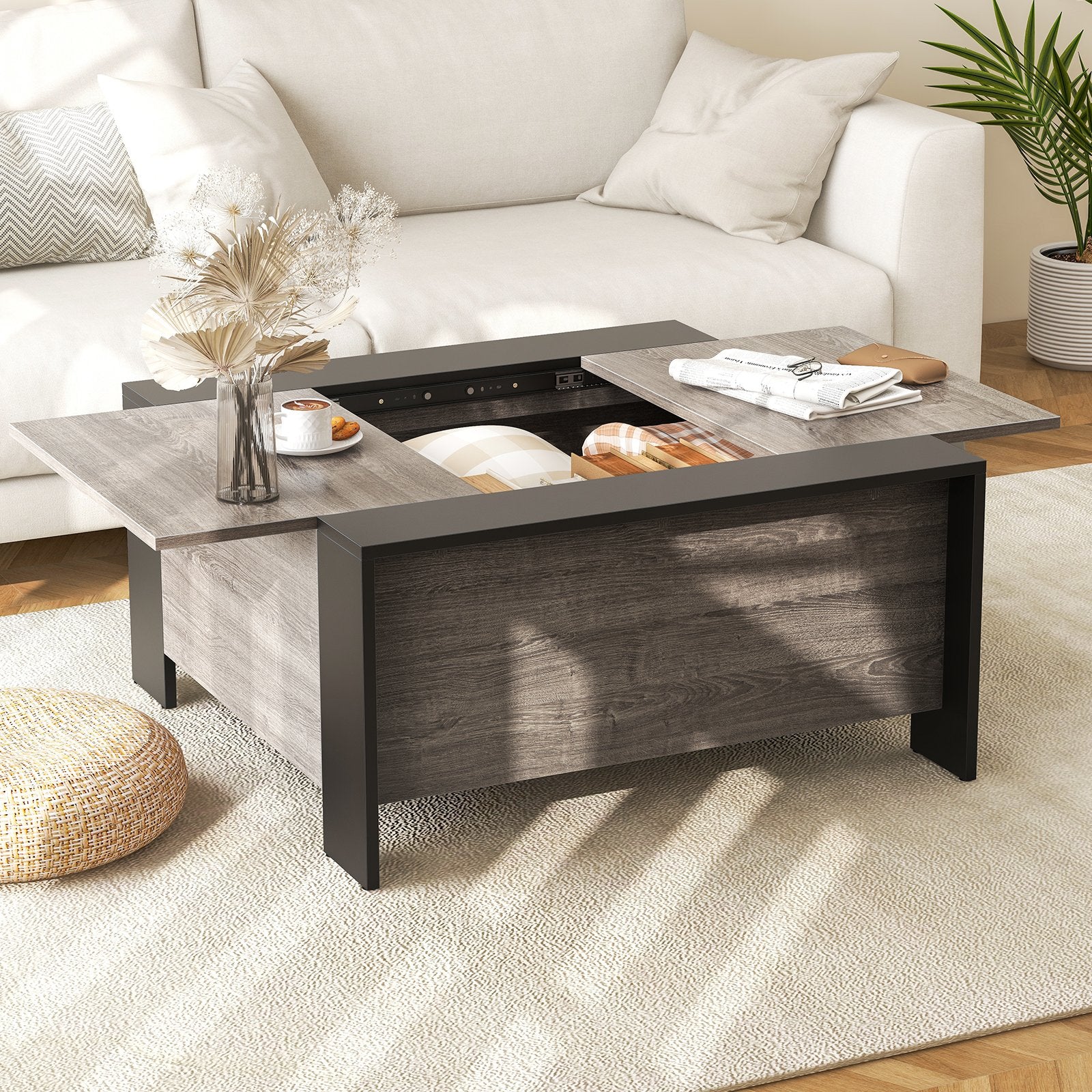36.5 Inch Coffee Table with Sliding Top and Hidden Compartment, Gray at Gallery Canada