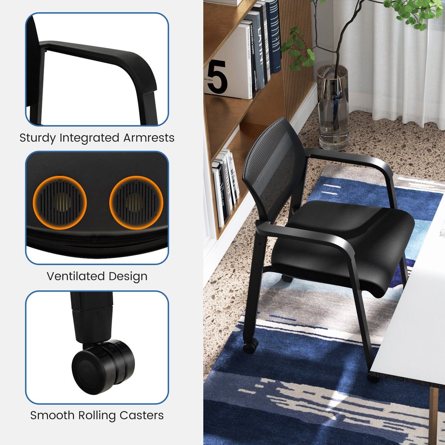 Stackable Rolling Office Chairs, Mesh Backrest, Set of 2, Black Conference Chairs at Gallery Canada