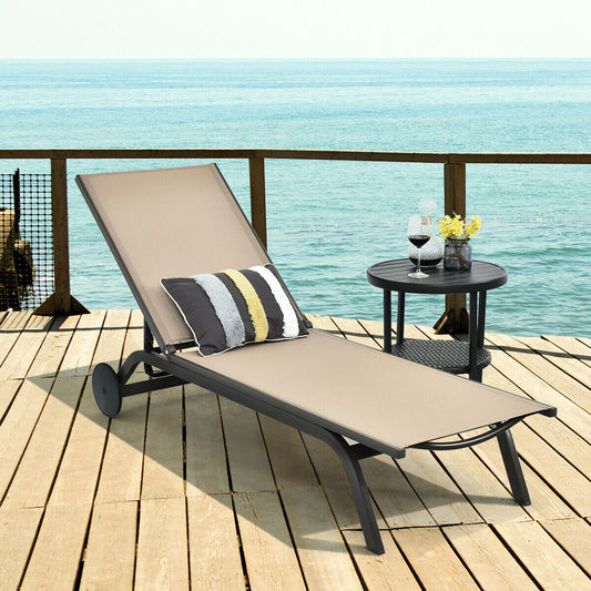 Aluminum Fabric Outdoor Patio Lounge Chair, Adjustable Reclining, Brown Outdoor Chaise Lounges Brown at Gallery Canada