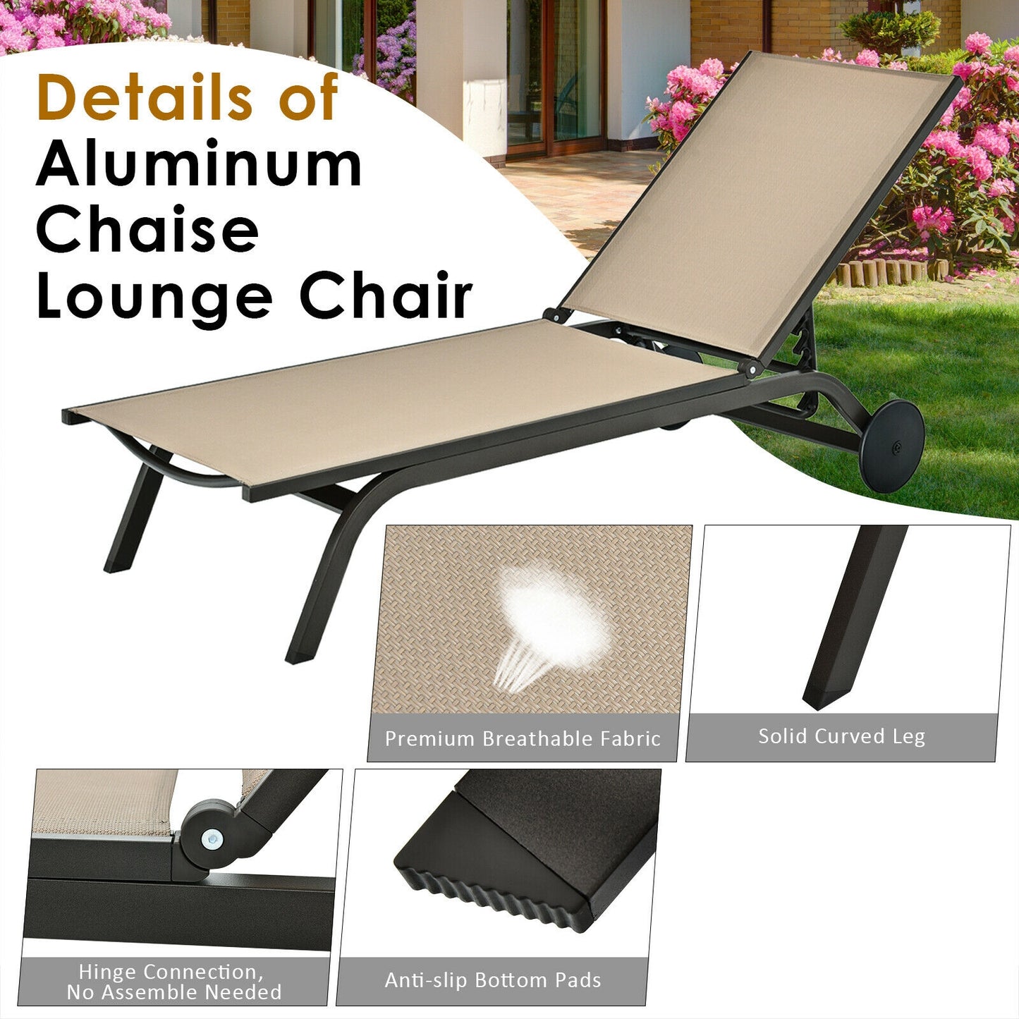 Aluminum Fabric Outdoor Patio Lounge Chair with Adjustable Reclining , Brown Outdoor Chaise Lounges at Gallery Canada